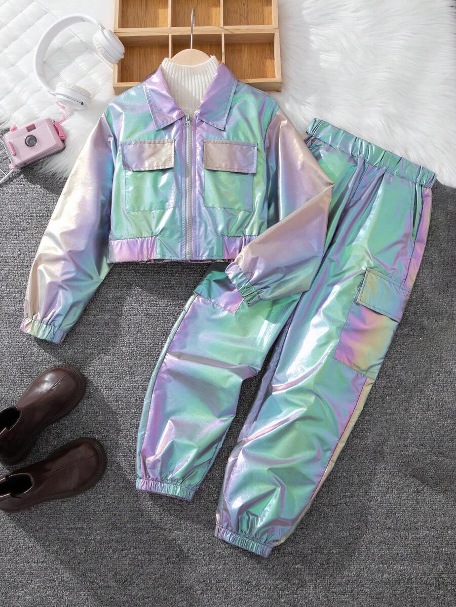 SHEIN 青少年女孩秋季開學時尚拼色套裝,激光機車風夾克配對兩件式套裝 - 彩色 - 查看 1