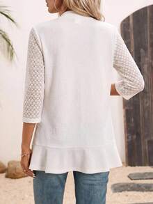 SHEIN Clasi 秋季女款蕾絲袖拼接荷葉邊飾無領白色夾克，適合婚禮、夜晚、辦公、休閒、優雅幹練風格 - 杏色 - 查看 2
