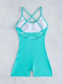 Swim Lushoire 女款素色夏季海灘泳衣，交叉綁帶設計，露背，無袖，修身一件式運動泳裝 - 薄荷藍 - 查看 4