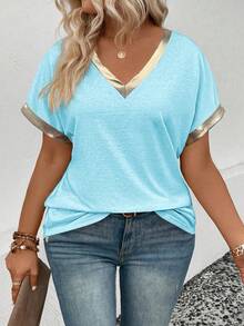 EMERY ROSE Women's Spring/Summer New Casual Elegant V-Neck Short Sleeve Patchwork Coated Trim Design Plus Size T-Shirt Formal Bussines Light Blue - Baby Blue - View 4