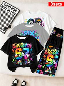 3 Sets Boys' Summer New Digital 67 Cartoon Print Short Sleeve 2-Piece Set, Black/Grey/White Colors Available, Casual Comfortable Cool Street Style, Suitable For Street Dance, Campus, Daily Outings, Versatile For Multiple Occasions, Photogenic, Summer Wardrobe Essential Boys' Set - Multicolor - View 2