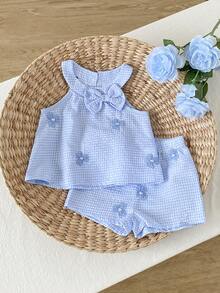SHEIN Playful Pals 女嬰女童套裝 6個月-3歲 2件/套 夏季優雅華麗女童休閒日常風格寬鬆套裝，無袖荷葉邊花朵印花上衣與花朵印花短褲 - 藍色 - 查看 6