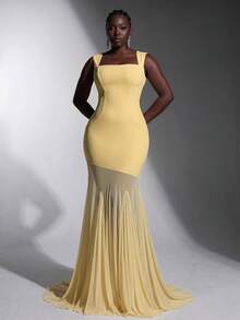 Elitara Gaun Bridesmaid Transparan Ukuran Plus Elegan Romantis Warna Kuning dengan Leher Persegi dan Bahan Jala Elastis Tinggi, Model Bodycon dan Hem Ekor Ikan - Kuning - View 8