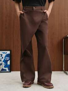 TOKVUE Pantalones largos casuales de unicolor con diseño asimétrico y bolsillos laterales para hombre - Café integral - Ver 4
