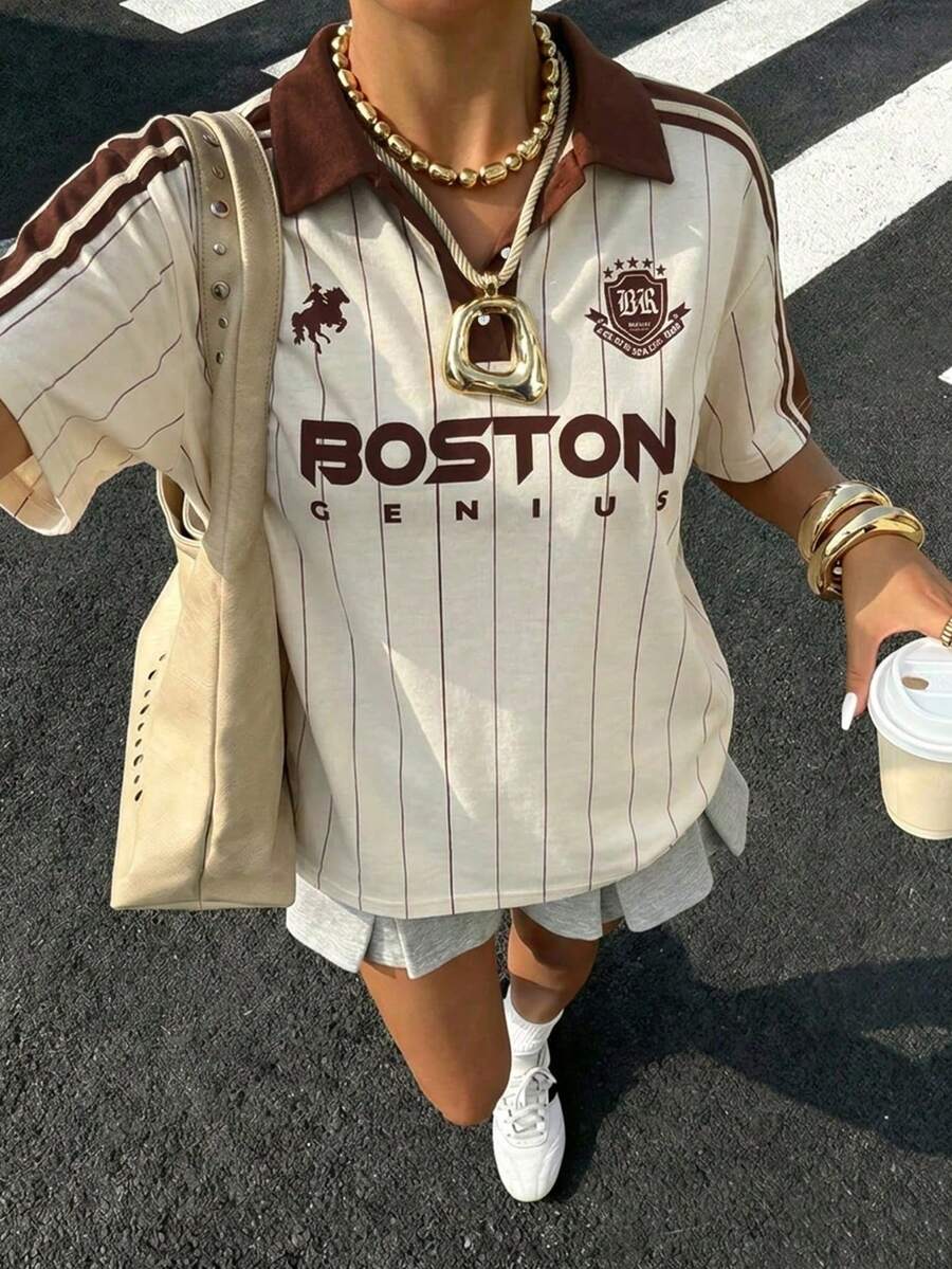 Muchica 休閒極簡學院風撞色條紋滿版印花女款半拉鍊 Polo 領寬鬆長袖 T-shirt,適合秋冬,復古/古著、性感、可愛、Y2K、椰子女孩、波希米亞、嬉皮、音樂節 - 彩色 - 查看 1