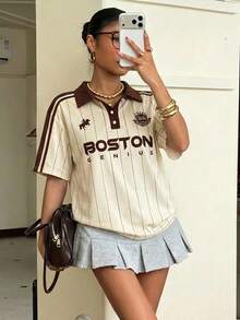 Muchica 休閒極簡學院風撞色條紋滿版印花女款半拉鍊 Polo 領寬鬆長袖 T-shirt，適合秋冬，復古/古著、性感、可愛、Y2K、椰子女孩、波希米亞、嬉皮、音樂節 - 彩色 - 查看 6