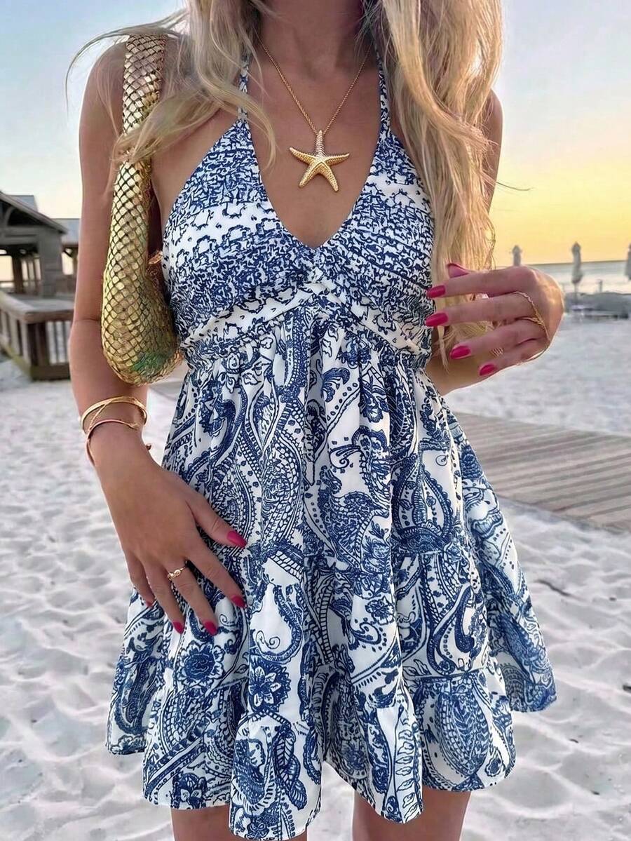 SHEIN PETITE Women's Sleeveless Tie Neck A-Line Casual Vacation Mini Dress, Spring/Summer ,Petite Women - Multicolor - View 1