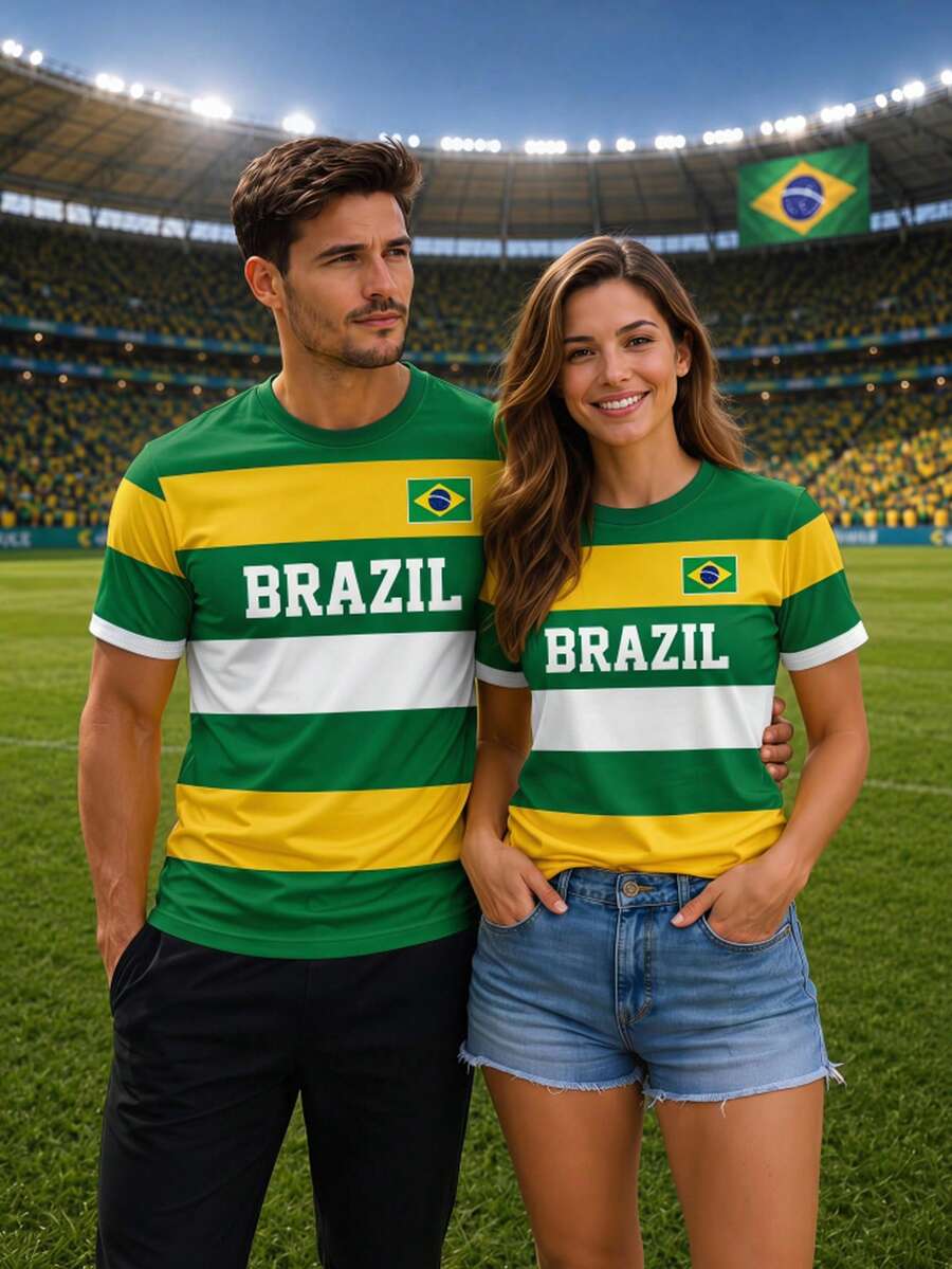 SHEIN Essnce 情侶款巴西國旗條紋短袖T恤,黃綠白拼色條紋,BRAZIL字母印花,2026世界盃球迷寬鬆版上衣 - 彩色 - 查看 1