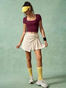 VARSIVA Workout Women Tops Casual Solid Color Cropped Sports T-Shirt, Summer Bustier Crop Sports Tee - Burgundy - View 5