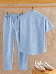HIMLAND Conjunto de camisa de manga corta con botones delanteros para hombre - Azul - Ver 2