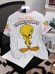 LOONEY TUNES X SHEIN 女士休闲运动时尚街头日常通勤趣味卡通字母条纹印花短袖T恤，夏季 - 白色 - 查看 2