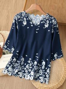 Rusticease Women's Floral Print V-Neck 3/4 Sleeve Loose Blouse,Long Sleeve Tops - Blue - View 1