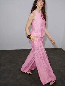 MOTF PREMIUM VACATION LINEN LOOSE WIDE LEG LONG PANTS SPRING SUMMER - Pink - View 2