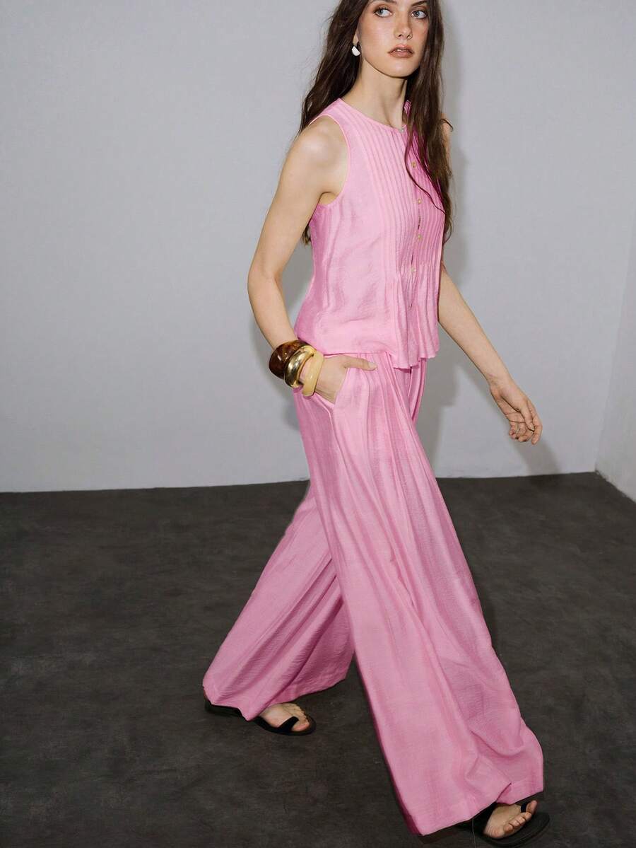 MOTF PREMIUM VACATION LINEN LOOSE WIDE LEG LONG PANTS SPRING SUMMER - Pink - View 2