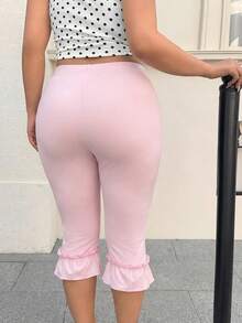 GalTyme Plus Size Women's Solid Color Ruffle Hem 3/4 Length Leggings Vacation Pink Summer - Pink - View 2