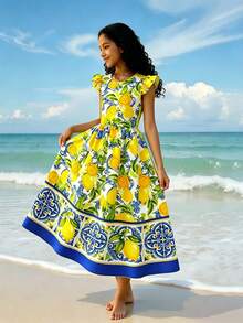 SHEIN Tween Girl Lemon Print Round Neck Casual Vacation Cap Sleeve Dress - Multicolor - View 3