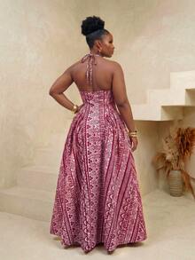 BamGlimmer Plus Size Halter Neck Maxi Dress, Vintage , Unique Design Print, Multi-Color Women's Dress, Fashionable Vacation Wear, Suitable For Travel, Holiday, Party, Gathering, Romantic And Vibrant - Multicolor - View 3