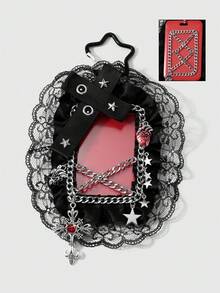 ROMWE 1 Spice Girl Heavy Industries Gothic Black And Red Leather Air Eye Rivets Rhinestone Cross Simulation Heart Chain Lace Lace Card Keychain Bag Pendant - Black and red-13 - View 1