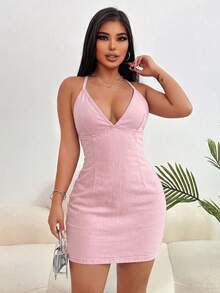 SHEIN SXY 女款深V領露背交叉設計性感掛脖牛仔洋裝 - 粉色 - 查看 6