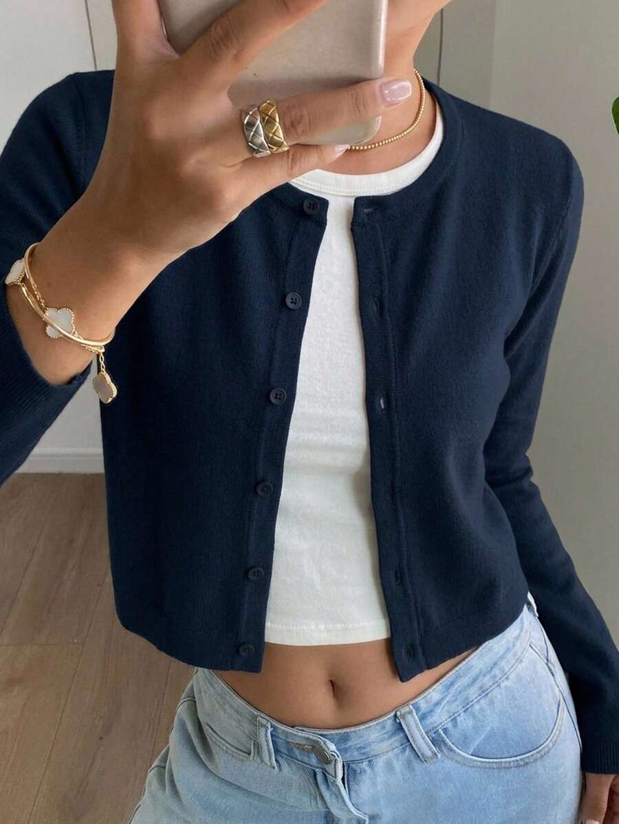 DAZY Women's Solid Color Round Neck Casual Long Sleeve Loose Open Front T-Shirt,Fall Clothes - Blue - View 1