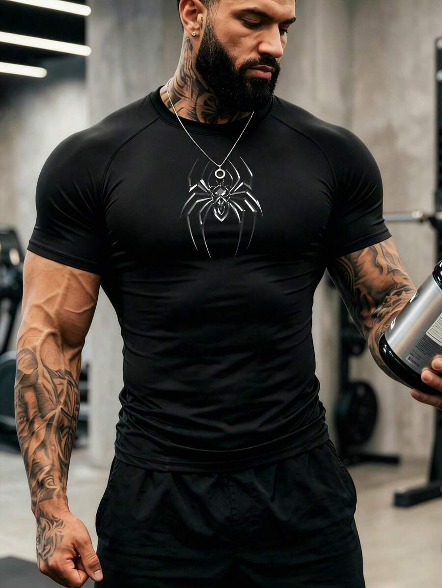 GymBeat Men's Spider Print Raglan Short Sleeve Sports T-Shirt, Gym - Black - View 1