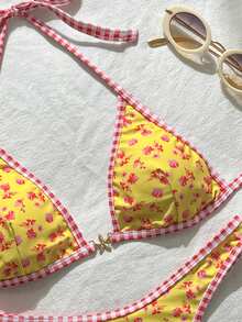 Swim Mod Ensemble de bikini triangle sans armature à imprimé numérique et string, ensemble de bikini de plage pour femmes pour le printemps/été - Jaune citron - Voir 5