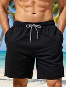 Manfinity Swimmode 男士素色極簡休閒沙灘短褲 - 黑色 - 查看 3