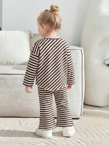 Baby Girl Casual Striped High-Neck Asymmetrical Hem T-Shirt And Flared Pants Set, Autumn/Winter Style - Khaki - View 2