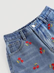 SHEIN Girlism Tween Girl Fashion Versatile Cherry Embroidery Distressed Denim Shorts With Pockets - Light Wash - View 4