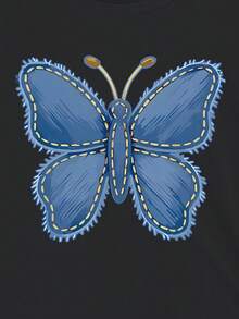 Girls' Casual Butterfly & Denim Print Graphic Tee, Cute & Comfortable For Spring, Summer, Fall - Black - View 8