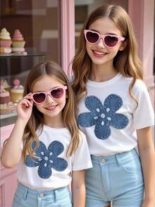 Elladie kids 1件女童休闲可爱碎花夏季度假印花针织圆领短袖T恤，适合夏季度假外出穿着，2026春夏新款，夏季穿搭 - 白色 - View 8