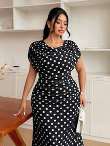 Modelyn Women's Elegant Minimalist Polka Dot Sleeveless Bodycon Plus Size Dress, Suitable For Summer - Black - View 6