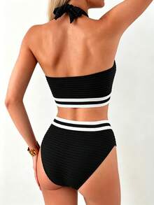 Swim Lushoire Women's Halter Neck Tie Swimsuit Set, Special Fabric Webbing Patchwork Hollow Out, Summer Holiday Beach 2 Pieces Set - Multicolor - View 2