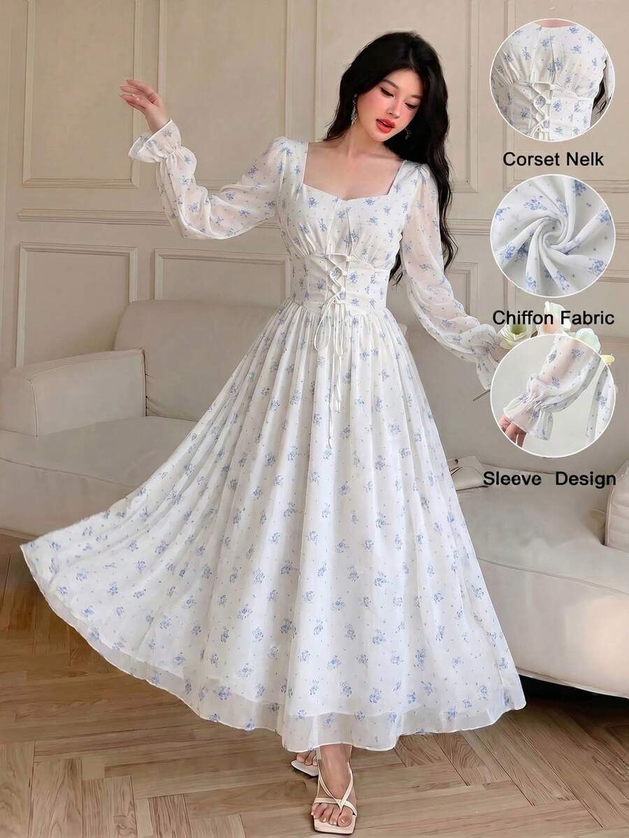 Modelyn French Cottage Core Design Keyhole Neck Tie Waist Lantern Sleeve Midi Dress For Women Tea Party White And Blue Floral Summer - Blue - View 1