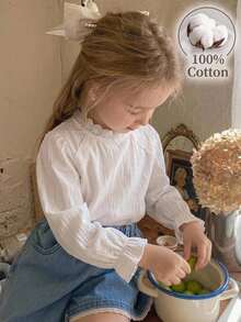 SHEIN LMoss Kids 女童編織高領長袖純色荷葉邊休閒襯衫，適合返校季，秋冬穿著 - 白色 - 查看 1