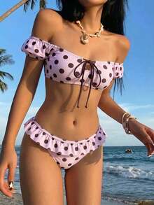SHEIN MOD 女款夏季海灘波點繫帶上衣與三角泳褲兩件式泳衣套裝 - 粉色 - 查看 2