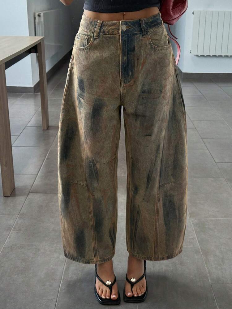 Women's Graphic Print Casual Loose Fit Jeans With Slant Pockets, Suitable For Spring And Summer
