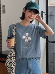 DAZY 夏季新款海灘度假女款寬鬆休閒印花圖案T恤 - 藍色 - 查看 4