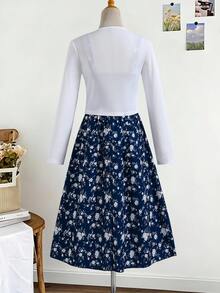 SHEIN 2piezas/Set Top de cárdigan de punto acanalado con decoración de lazo casual para primavera/otoño y vestido elegante simple de tirantes finos con estampado tejido para adolescentes - azul real - Ver 3