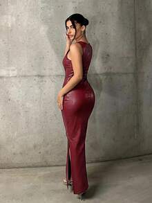 SHEIN ICON Robe longue élégante en PU à col rond et taille cintrée pour femmes, pour soirée - Rouge foncé - Voir 2