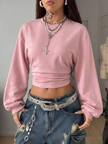 Coolane Women's Fall Back To School Basic Solid Color Pleated Asymmetrical Neck Long Sleeve Pink Sweatshirt - Pink - View 4