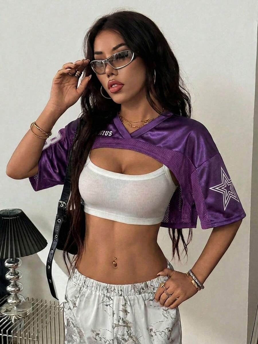 Coolane Women's Mesh Spliced Satin Print Short Sleeve Cropped Sliver Top,Summer Top - Purple - View 1