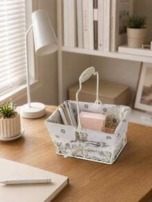 Haus Hana 1PC Rustic Farmhouse Wire Storage Basket With Handle Metal Iron Frame With Floral Linen Liner Lace Bow Decor Removable Lining Multi-Purpose Organizer Bin For Sundries Snacks Cosmetics Ideal For Home Kitchen Bathroom Picnic Perfect Gift - Multicolor - View 9