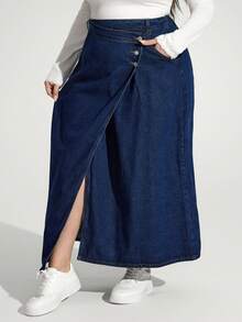 SHEIN Unity Jolene.Mendez Plus Size Casual Sweet Loose A-Line Blue Denim Mini Skirt, For Apple Rounded Body Shape - Dark Wash - View 4