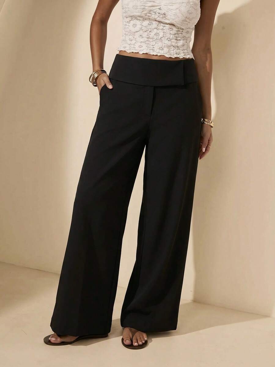 Aralina Striped Low Rise And Wide Leg Wide Wrap Waistband Pants - Black - View 1