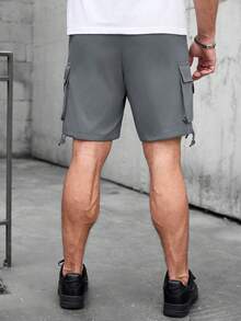 Manfinity Homme Celana Pendek Kargo Denim Pria Ukuran Besar dengan Motif Huruf, Cocok untuk Perjalanan Harian, Bepergian, Pakaian Kasual, dan Acara Akhir Pekan. - Dark Grey - View 2
