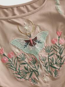 ROMWE Goth 深色哥德風植物飛蛾刺繡宮廷風方領緊身背心上衣 - 卡其色 - 查看 4