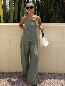 Livesso Square Neck Sleeveless Top Long Pants Women's Denim Set Vacation Sage Green Summer - Green - View 4