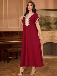 Al Najma Embroidered Collar Flower Shoulder Sleeve Small Stand Collar Elegant Dress - Red - View 6