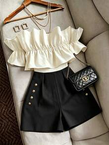 Franclia Casual Elegant Fashion Women's Decorative Ruffle Off-Shoulder Romper Party Black And White Summer - Black - View 1